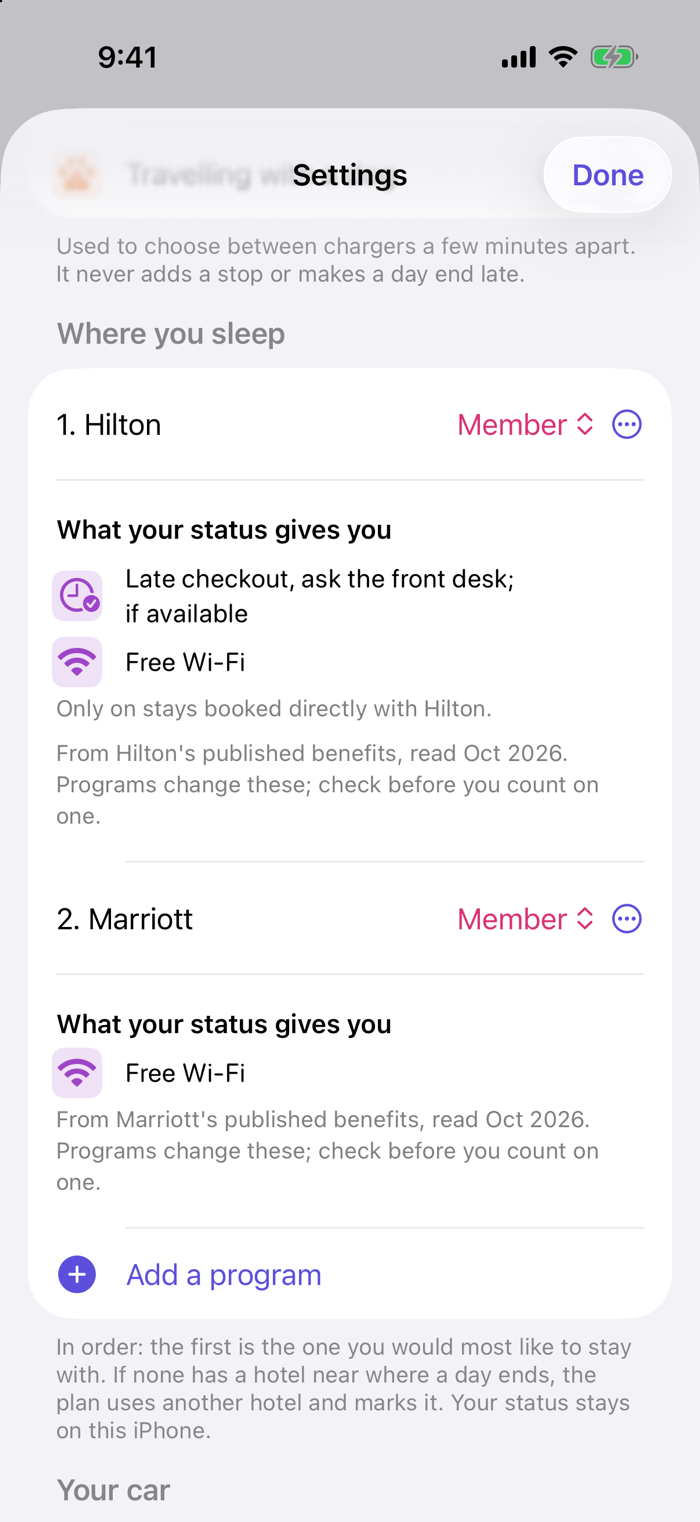 Settings listing the hotel programs you belong to, Hilton then Marriott, and what your status gives you at each
