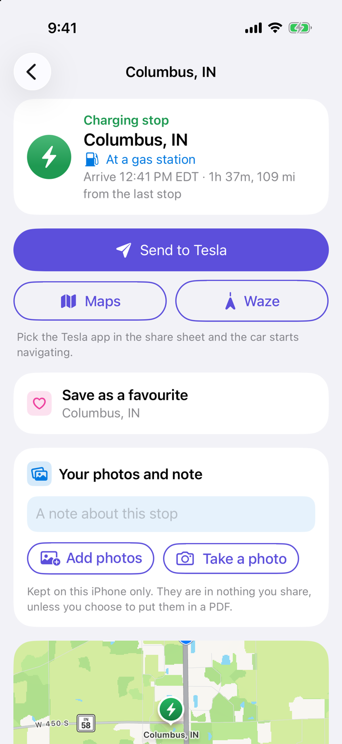 The charging stop at Columbus, Indiana, with arrival time, buttons to send it to the Tesla or open it in Maps or Waze, and a place for your own photos and note