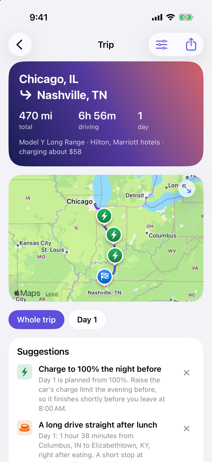 The Chicago to Nashville trip: 470 miles, about 7 hours of driving in one day, with three Supercharger stops on a map