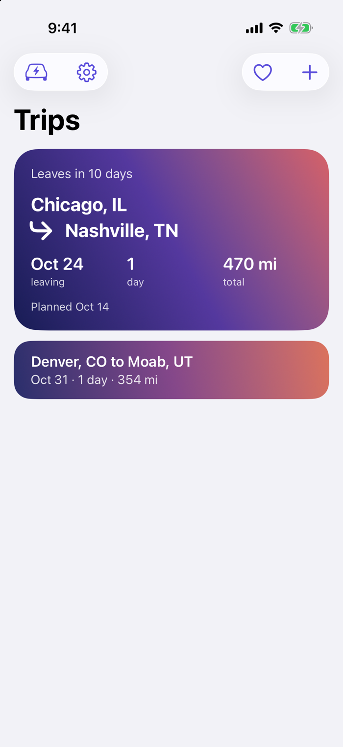 JuiceRoute's Trips screen with two planned trips: Chicago, IL to Nashville, TN, leaving October 24, one day, 470 miles; and Denver, CO to Moab, UT, leaving October 31